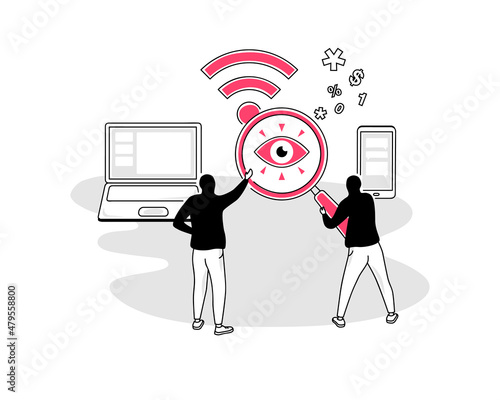 Illustration of public wi-fi security risks symbol with a laptop and a spy magnifier. Easy to use for your website or presentation.