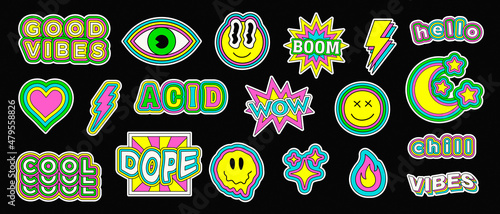 Acid Stickers Collection. Cool Trendy Smile Rave Patches. Set of Colorful Abstract Hipster Pins.