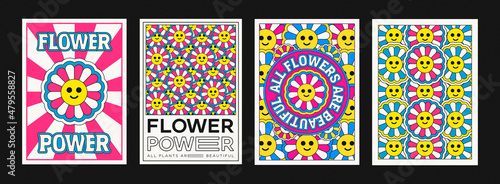 Cool Trendy Flower Power Pop Art Posters. Collection of Cute Cartoon Characters.