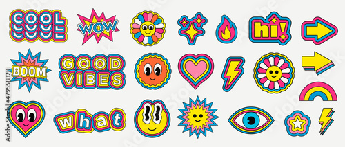 Cool Trendy Retro Stickers Collection. Set of Funny Character Emoticons. Pop Art Elements.