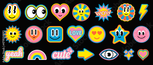 Cool Trendy Smile Stickers Set. Collection of Cute Cartoon Characters Vector Design. Colorful Retro Patches. photo