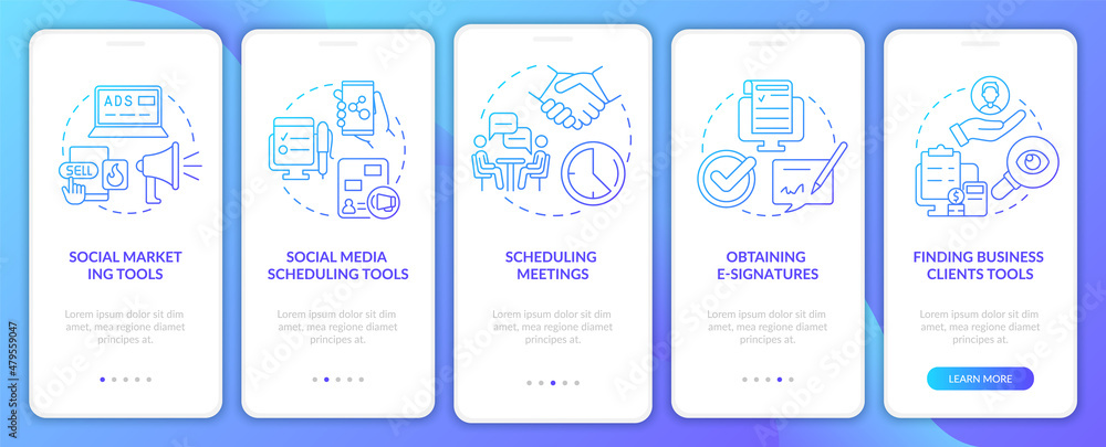 Marketing tools types blue gradient onboarding mobile app screen. Walkthrough 5 steps graphic instructions pages with linear concepts. UI, UX, GUI template. Myriad Pro-Bold, Regular fonts used