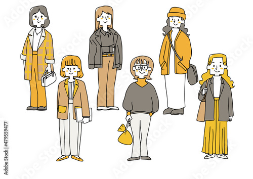 ファッションを楽しむスタイリッシュな大人の女性　カジュアルな服装の全身イラスト　手描きの人物イラスト