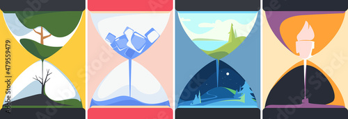 Set of posters with different hourglasses. Placard designs in abstract style.