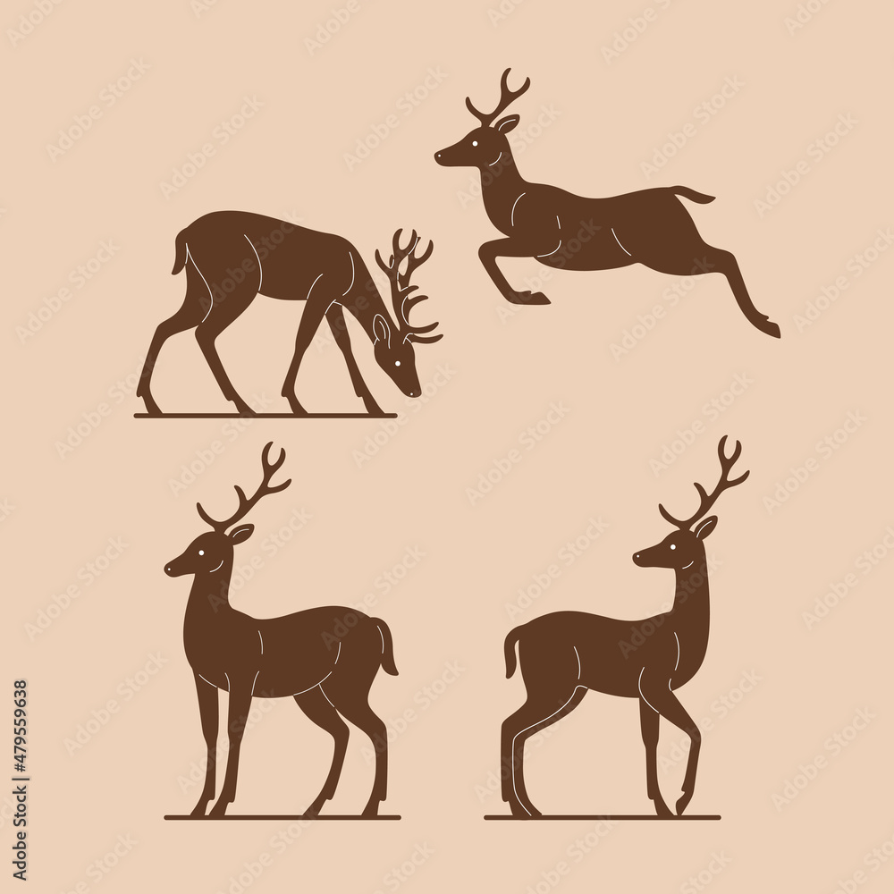 Silhouette of animal. Illustration of deer in various poses. Vector illustration for emblem, badge, insignia. Silhouette of animal. Illustration of deer in various poses. Vector illustration for emblem, badge, insignia.