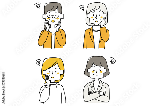 中年女性のオフィスカジュアルな上半身のアイコン　がっかりしている様子　手描きの人物ベクターイラスト