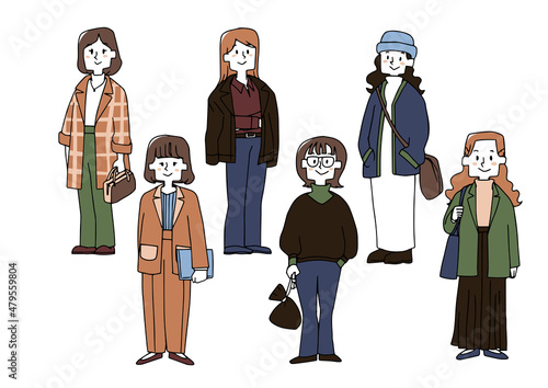 ファッションを楽しむスタイリッシュな大人の女性　カジュアルな服装の全身イラスト　手描きの人物イラスト