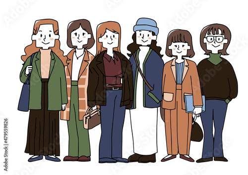 並んで立つファッションを楽しむスタイリッシュな大人の女性　手描きの人物イラスト