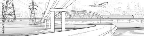 Infrastructure and transport illustration. Car overpass. Train rides. Airplane fly. City skyline. Urban cityscape. Black outline on white background. Vector design art. 