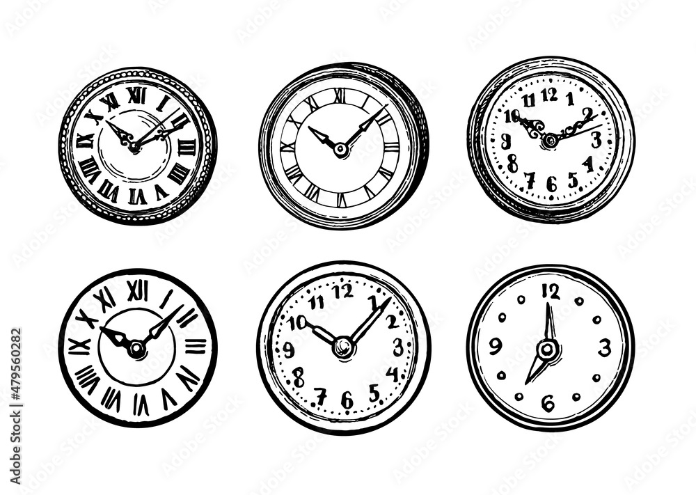 Ink sketch of clock dial faces. Ink sketch of clock dial faces.