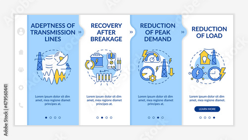Applications of smart grid blue and white onboarding template. Electric power. Responsive mobile website with linear concept icons. Web page walkthrough 4 step screens. Lato-Bold, Regular fonts used