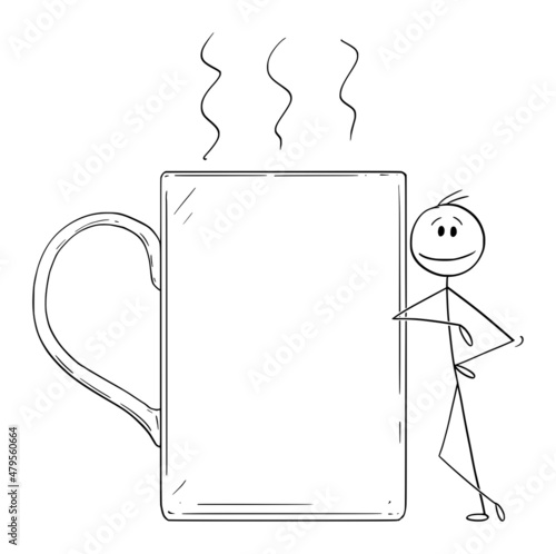 Person Leaning Towards Big Coffee or Tea Cup or Mug, Vector Cartoon Stick Figure Illustration