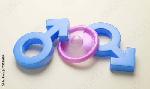 Sex condom for protection. Safe gay sex. Condom and male gender symbol. 3d render