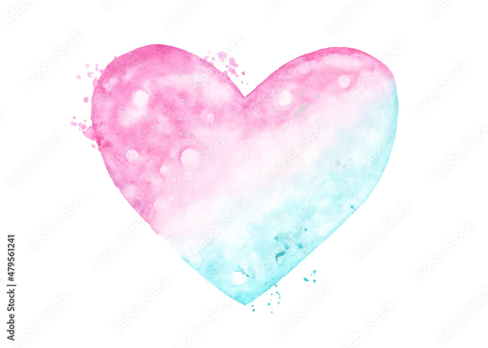 Watercolor pink blue gradient hearts isolated on white background