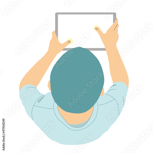 Top view show a boy sitting and using a tablet, his hand hold tablet and use finger touch on screen. Flat vector.