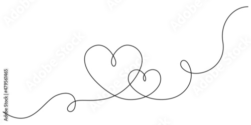 One Continuous line drawing of two hearts with love signs. Thin curls and romantic symbols in simple linear style. Editable stroke. Minimalistic Doodle vector illustration