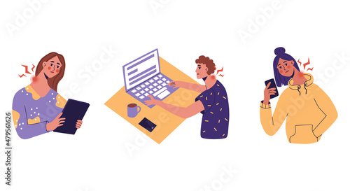 Teck neck or office syndrome. Young people feeling pain on neck becouse of wrong ergonomic working for long time or looked at phone. Flat vector illustration. isolated on a white background