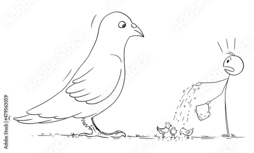 Person Feeding Birds or Shocked by Big or Giant Pigeon, Vector Cartoon Stick Figure Illustration