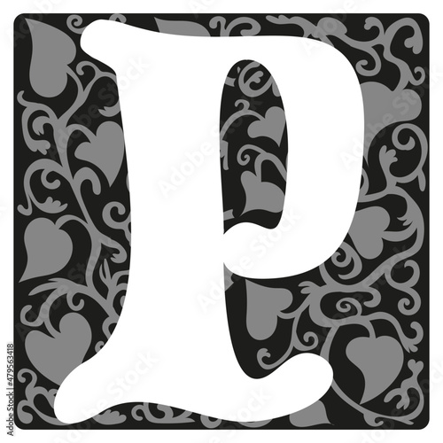 initial p, medieval letter with floral ornaments, dekorativ retro vector font graphic photo