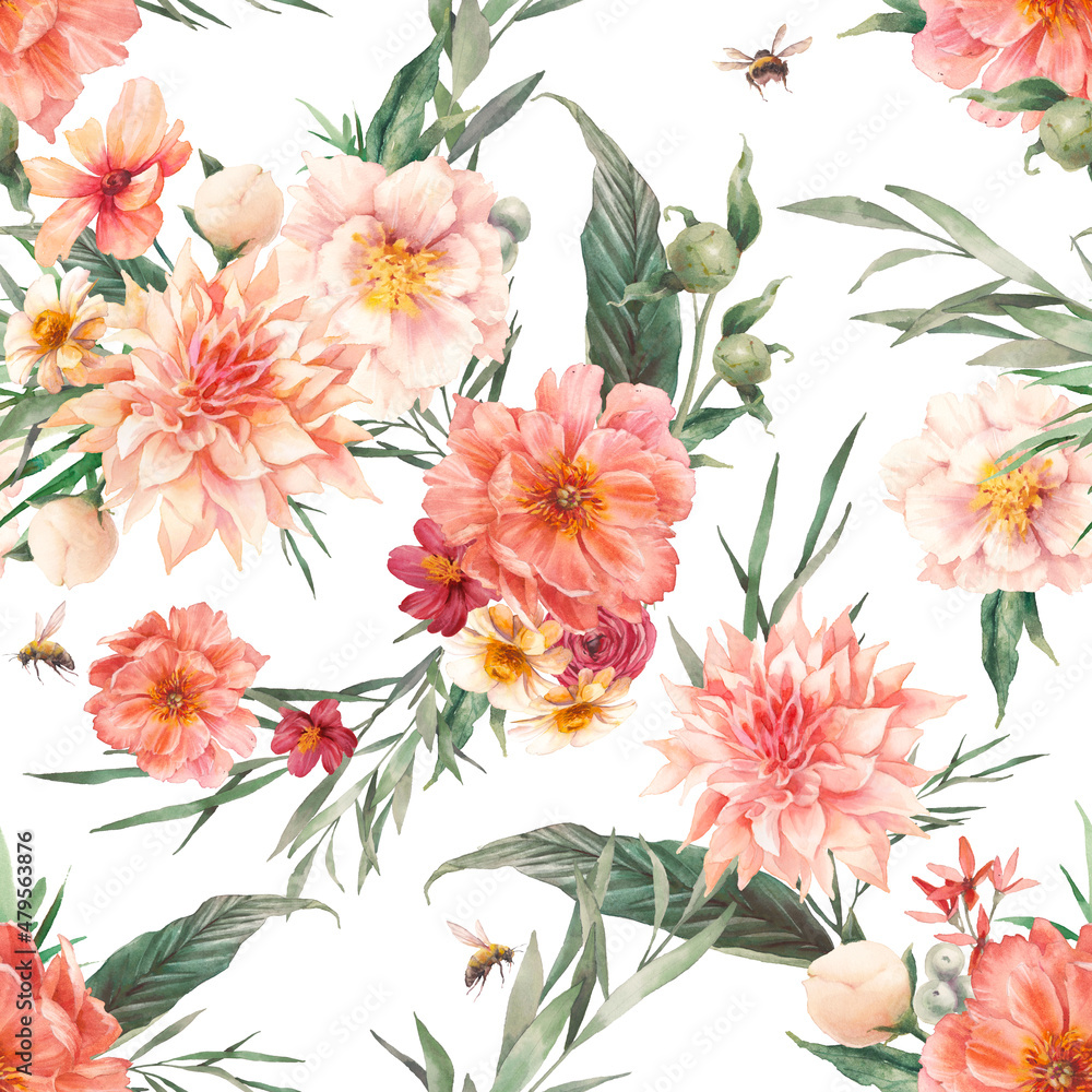 Fototapeta Floral classic seamless pattern. Peony flowers, rose, greenery watercolor texture. Elegant wallpaper design, fabric or wrapping paper print