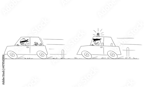 Police Patrol Car with Flashing Light Chasing Criminal, Vector Cartoon Stick Figure Illustration