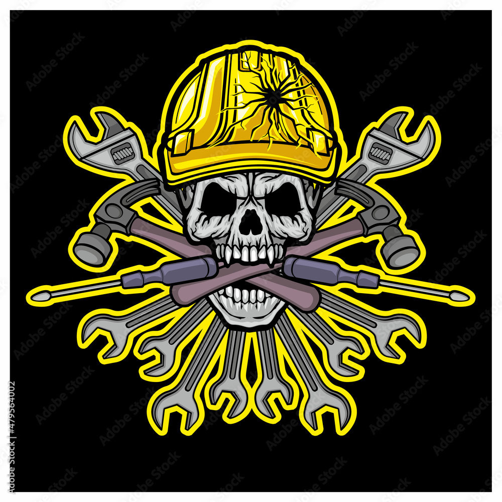 skull in construction safety helmets and tools, grunge vintage design t shirts skull in construction safety helmets and tools, grunge vintage design t shirts