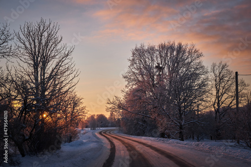 rural landscape tree cloudy morning sunset cold winter with snow and road and trees