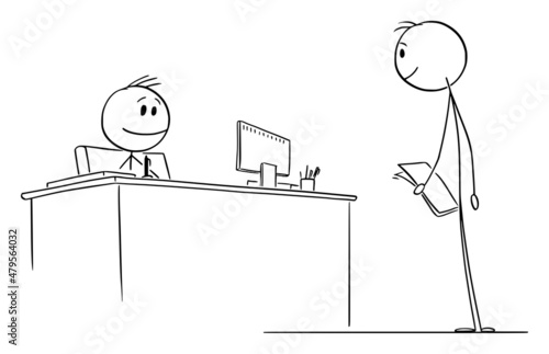 Person Walking to Boss, State Servant, Office Worker or Officer, Vector Cartoon Stick Figure Illustration