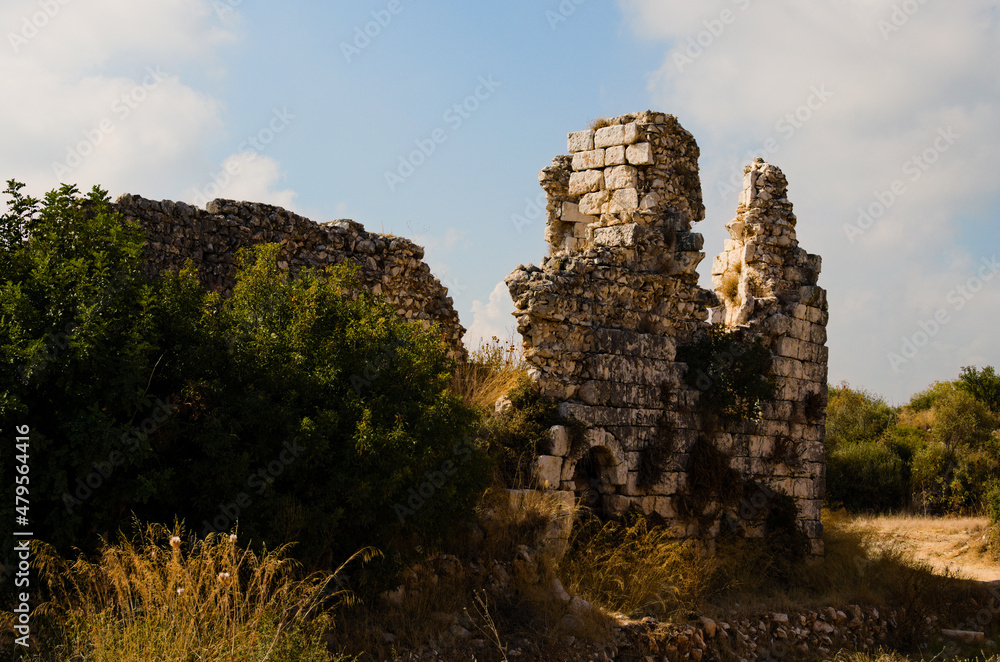 View ruins of ancient stone wall. Ruins of roman villa in Akkale (literally 