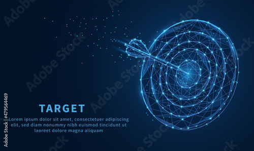 Smart goal setting, dart hit the center of dartboard glowing blue. Low polygon, particle, and triangle style design.Wireframe light connection structure.