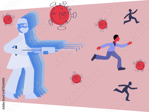 Doctor holding syringe in his hand and keep covered patient. Man in panic and stress runs away from needle and syringe. Patient does not agree to put the vaccine Vector illustration