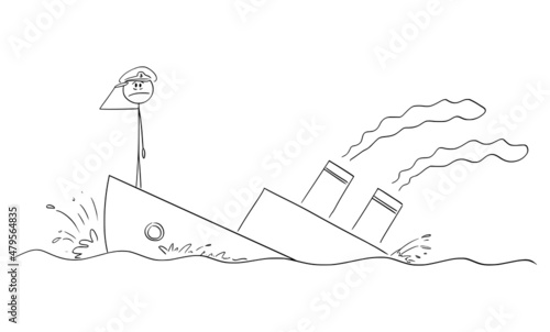Captain of the Sinking Ship or Boat Saluting, Vector Cartoon Stick Figure Illustration
