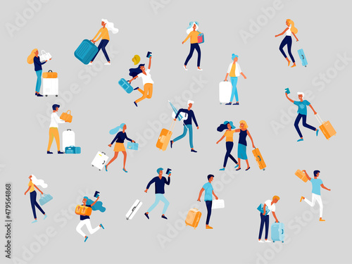 Different people travel on vacation. Tourists with laggage travelling with family, friends and alone, go on journey. Travelers in various activity with luggage and equipment. Vector