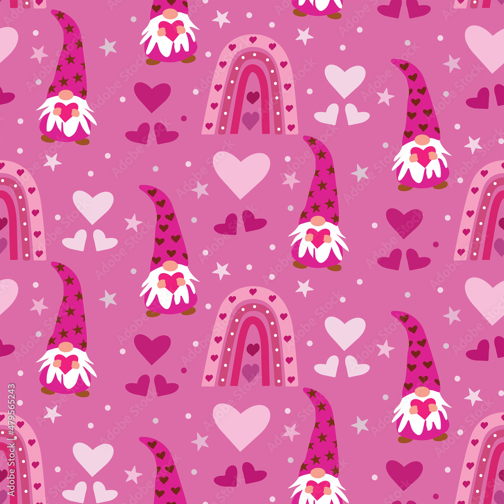 Valentines day seamless pattern with boho rainbow , cute pink gnomes, pastel hearts, stars and dots over dark pink background. Great for gift wrapping paper , Textile , wallpaper and kids cloth Valentines day seamless pattern with boho rainbow , cute pink gnomes, pastel hearts, stars and dots over dark pink background. Great for gift wrapping paper , Textile , wallpaper and kids cloth