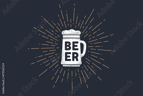 Black and white vintage drawing for beer bar, pub and trendy beer themes. Hand drawn lettering Beer on black background. Print Beer for poster, menu, sticker, t-shirt. Vector Illustration