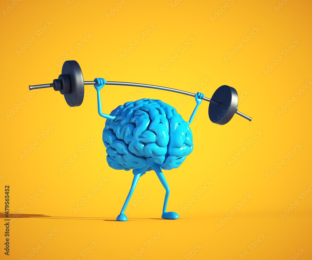Blue human brain lifting weight. - obrazy, fototapety, plakaty 