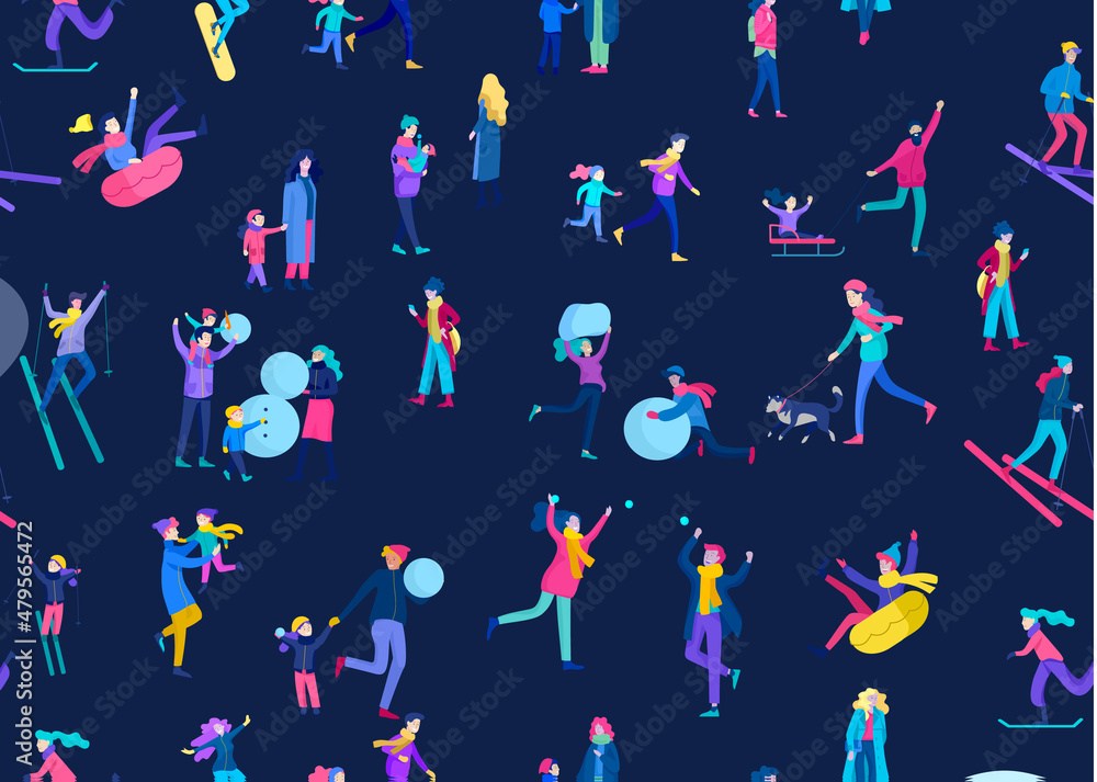 Vector seamless pattern with people dressed in winter clothes or outerwear performing outdoor activities fun. Christmas family ski skating, making snowman, skiing wintertime