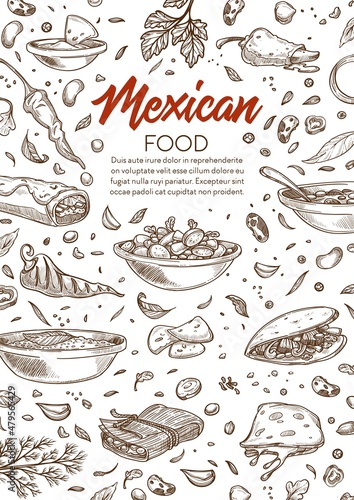Mexican food, monochrome menu with dishes vector