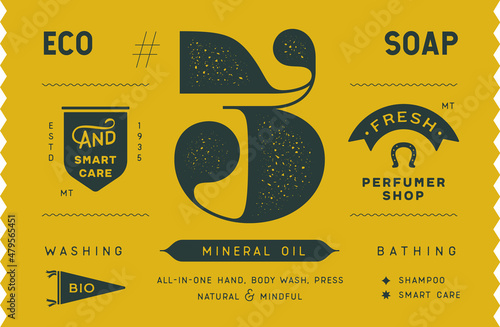 Soap, tag label. Modern tag, label for brand, logo, sticker soap shop. Template design minimal label, tag with text eco soap. Typographic tag, modern font. Vector Illustration