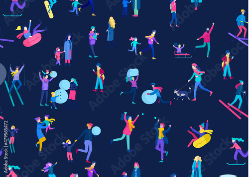 Vector seamless pattern with people dressed in winter clothes or outerwear performing outdoor activities fun. Christmas family ski skating, making snowman, skiing wintertime © merfin