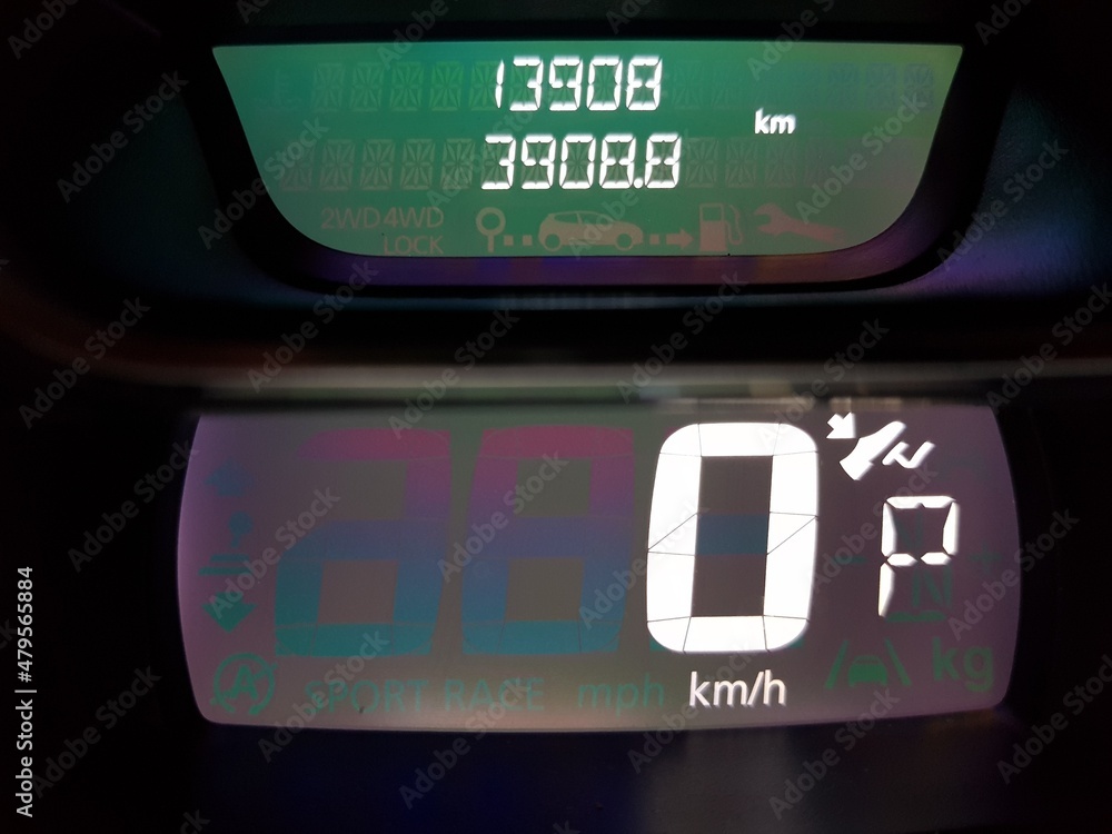 The numbers on the speedometer of the car