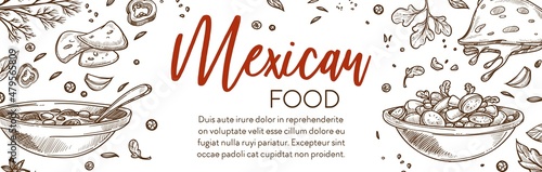 Mexican food menu, salad and roll wrap dishes