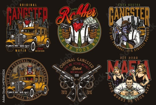 Colorful vintage prints with mafia characters