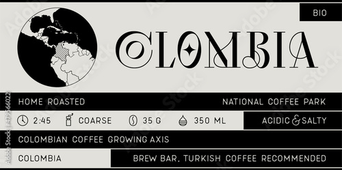 Coffee, minimal label. Set of modern coffee tag, label for brand, logo, sticker coffee shop. Template design minimal label, tag with text modern font Colombia. Typographic tag. Vector Illustration