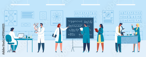 Research laboratory, team scientists researching and observing. Vector research experiment in laboratory, science illustration