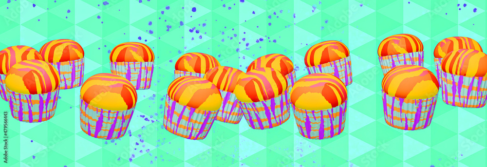Minimalistic stylized collage banner art. 3d render creative cake design. Fast food, Junk food, candy shop concept