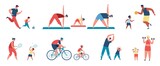 Family sport activity, parents with children exercise together. Father and son playing football, riding bikes, active families vector set. Mom, dad and daughter practicing yoga, having leisure