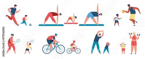 Family sport activity  parents with children exercise together. Father and son playing football  riding bikes  active families vector set. Mom  dad and daughter practicing yoga  having leisure