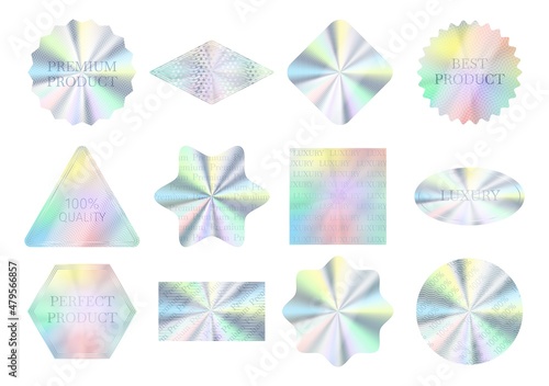 Holographic quality stickers, hologram seal labels, guarantee badges. Silver certificate seals in different shapes, quality sticker vector set. Realistic foil gradient elements isolated on white