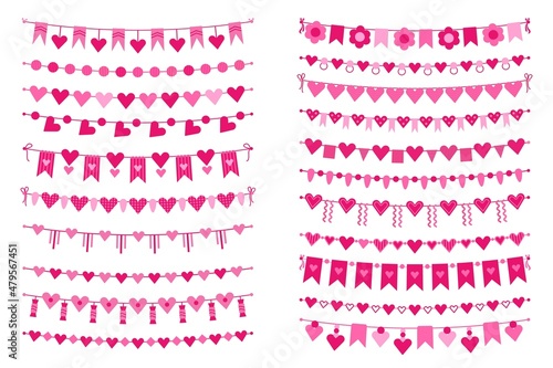 Valentine bunting and garlands, pink hearts decorative flags. Wedding party decoration garland, cute valentines day festive flag vector set. Bright hanging set for romantic holiday
